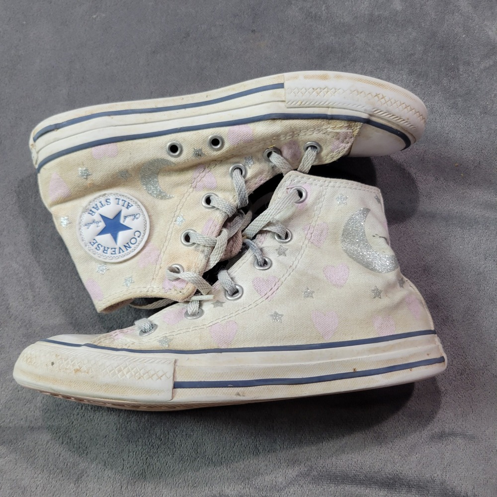Converse All Star High Top Sneakers Kids Size 1 Youth Cream Pink Moon Stars